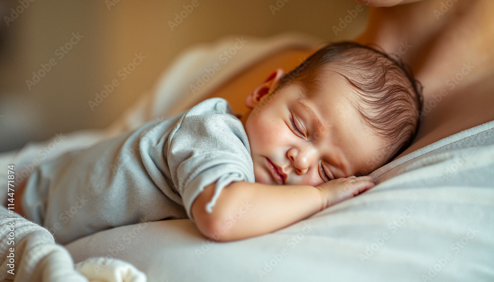 Sleeping baby resting on mother's chest with soft light in cozy environment Sleeping baby resting on mother's chest with soft light in cozy environment