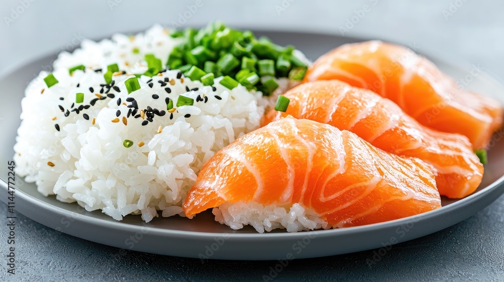 Salmon sushi with rice, sesame seeds, and green onions on a gray plate. Salmon sushi with rice, sesame seeds, and green onions on a gray plate.
