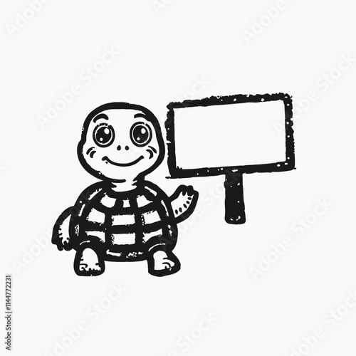 turtle with blank sign board cartoon black and white ,line Isolated object on a white background
