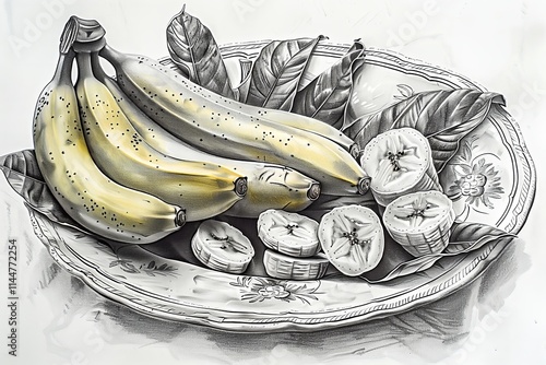 A detailed illustration of bananas on a decorative plate, highlighting their texture and vibrant colors. photo