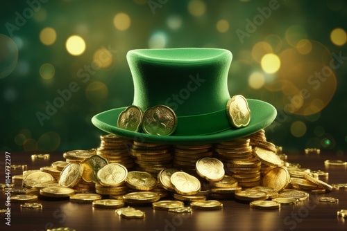 Green leprechaun hat sits atop a mound of gleaming gold coins, embodying the spirit of irish folklore, luck, and prosperity photo