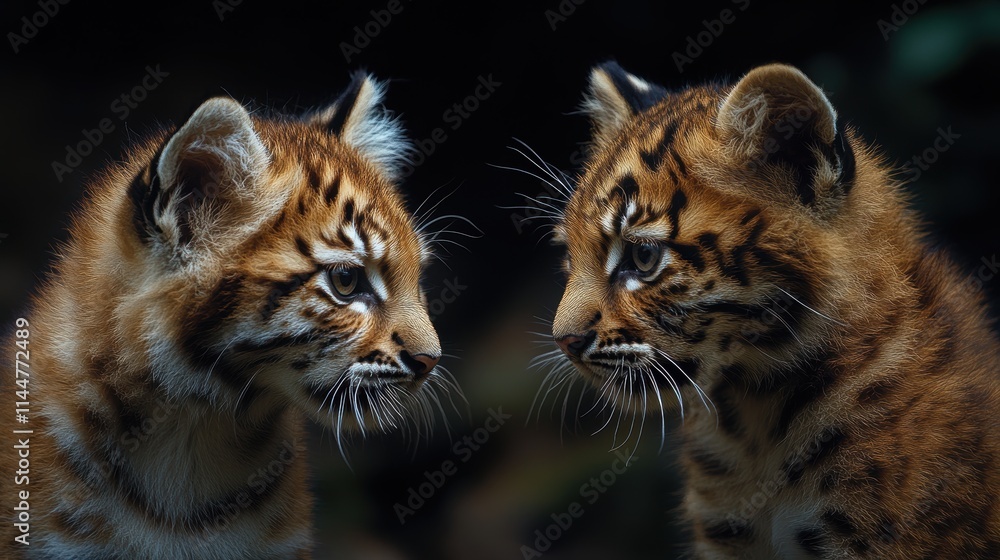 Two playfully curious tiger cubs face each other in a lush, vibrant natural setting, showcasing their intricate fur patterns and expressive blue eyes, surrounded by a blurred green background Two playfully curious tiger cubs face each other in a lush, vibrant natural setting, showcasing their intricate fur patterns and expressive blue eyes, surrounded by a blurred green background
