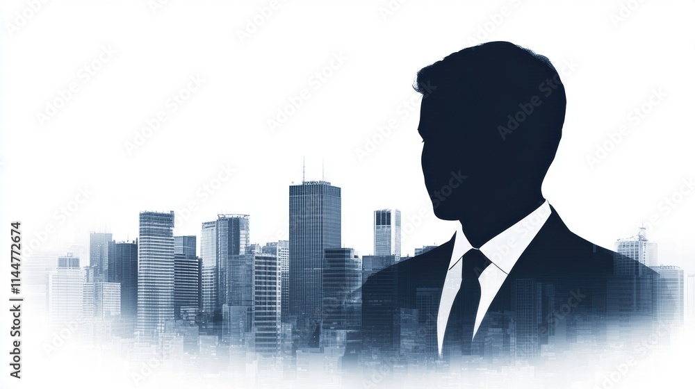 Businessman Silhouette with Urban Skyline Background Businessman Silhouette with Urban Skyline Background
