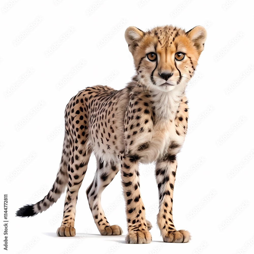 Young cheetah standing alone on pure white backdrop Young cheetah standing alone on pure white backdrop