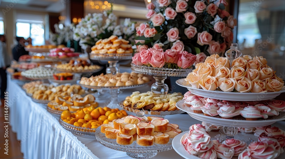 Lavish dessert buffet table adorned with an exquisite assortment of pastries, cakes, and floral decorations showcasing exceptional culinary artistry Lavish dessert buffet table adorned with an exquisite assortment of pastries, cakes, and floral decorations showcasing exceptional culinary artistry