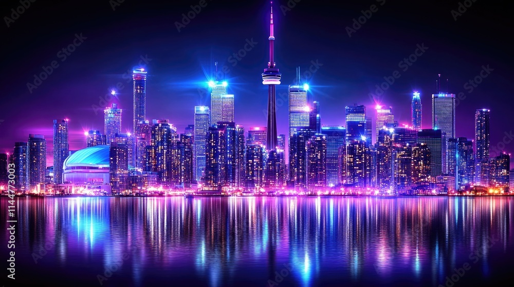 Fototapeta premium Vibrant nighttime skyline of toronto celebrating canada's independence day with reflective city lights