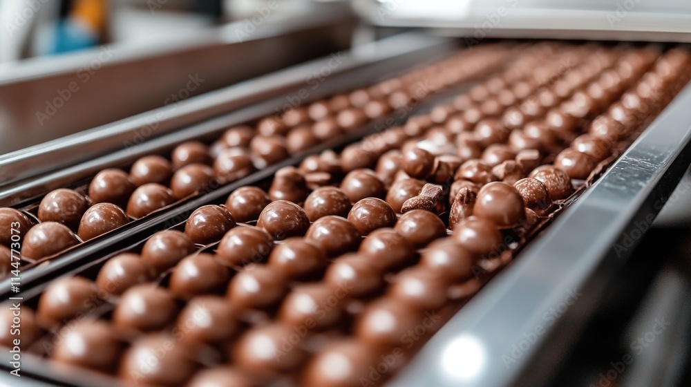 Chocolate production line with rows of delicious confections in a factory setting Chocolate production line with rows of delicious confections in a factory setting