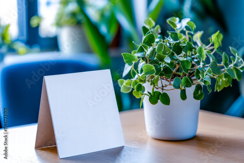 A blank tabletop card holder sits beside a vibrant green potted plant on a wooden table, with a softly blurred office background, offering a clean and inviting aesthetic suitable for various concepts. photo