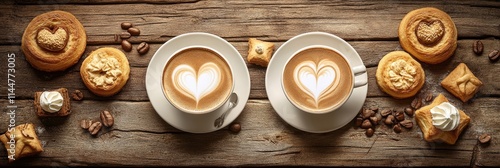 Two Cappuccino Cups Heart Latte Art Wooden Table - Two cups of cappuccino with heart latte art, surrounded by sweet pastries and coffee beans on a rustic wooden table. Symbolizing love, warmth, togeth photo