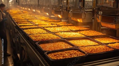 Fototapeta Naklejka Na Ścianę i Meble -  Industrial food production line with trays of baked lasagna in factory setting