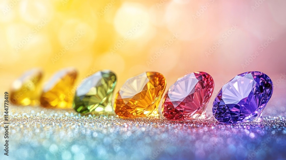 Colorful gemstones lined up on a glittery surface, showcasing rainbow hues and brilliance. Colorful gemstones lined up on a glittery surface, showcasing rainbow hues and brilliance.