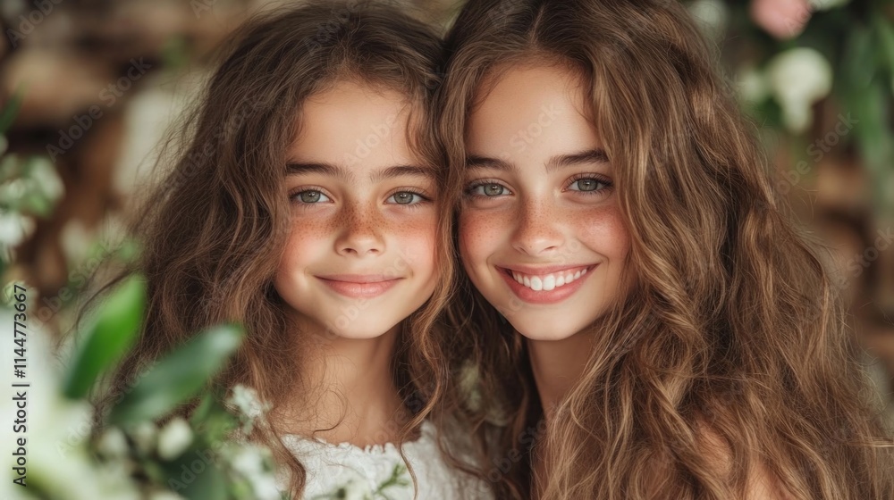 Smiling caucasian young girls with long hair surrounded by flowers. Happy day to the siblings, sisters, girlfriends, friendship Smiling caucasian young girls with long hair surrounded by flowers. Happy day to the siblings, sisters, girlfriends, friendship