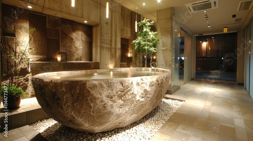 Luxurious stone bathtub set in a modern minimalist spa setting with ambient lighting, natural elements, and sleek architectural design elements