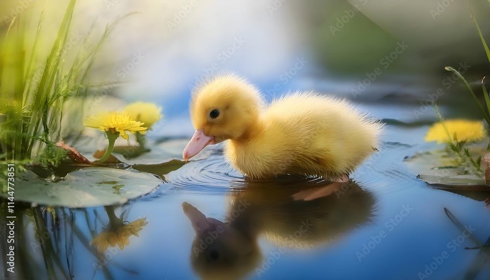 A fluffy yellow rescued duckling standing at the edge of a pond with water reflecting the soft colors of the sky A fluffy yellow rescued duckling standing at the edge of a pond with water reflecting the soft colors of the sky