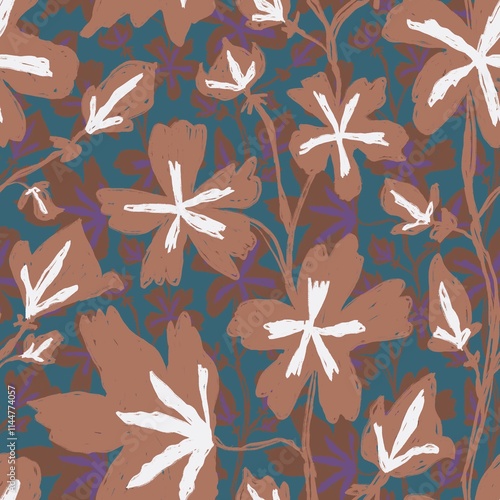 This seamless pattern features hand-drawn brown flowers with white accents on a teal background, creating a rustic and artistic floral design.