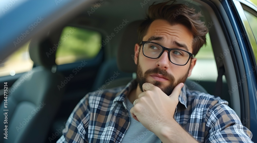 Thoughtful man seated in a car, contemplating. The setting suggests introspection, decision-making, and reflection, with a calm ambiance. Ideal for concepts of thinking, pondering, and focus. Thoughtful man seated in a car, contemplating. The setting suggests introspection, decision-making, and reflection, with a calm ambiance. Ideal for concepts of thinking, pondering, and focus.