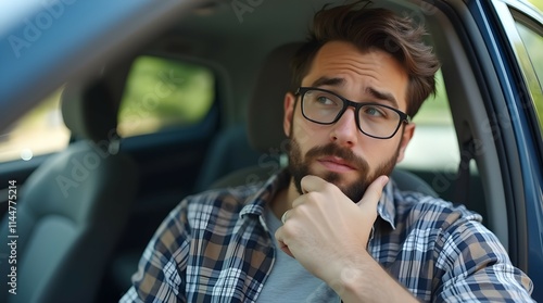 Thoughtful man seated in a car, contemplating. The setting suggests introspection, decision-making, and reflection, with a calm ambiance. Ideal for concepts of thinking, pondering, and focus.