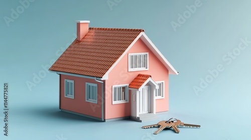 Small Pink House Model With Keys on a Light Blue Background Showcasing Home Ownership and Real Estate Concepts