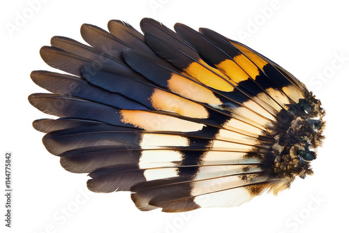 Colorful feathers arranged in a beautiful pattern, isolated on transparent or white background