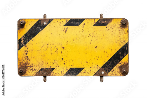 Old yellow warning sign with black stripes, showcasing signs of wear and tear, isolated on transparent or white background