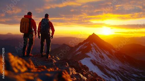 Two people standing on top of a mountain looking at the sunset