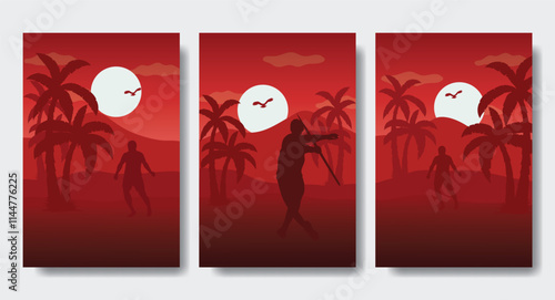 Two Young Men Practice Javelin Throwing in the Field - Silhouette Design Set, Beautiful 2D Landscape Silhouette Wallpaper Set