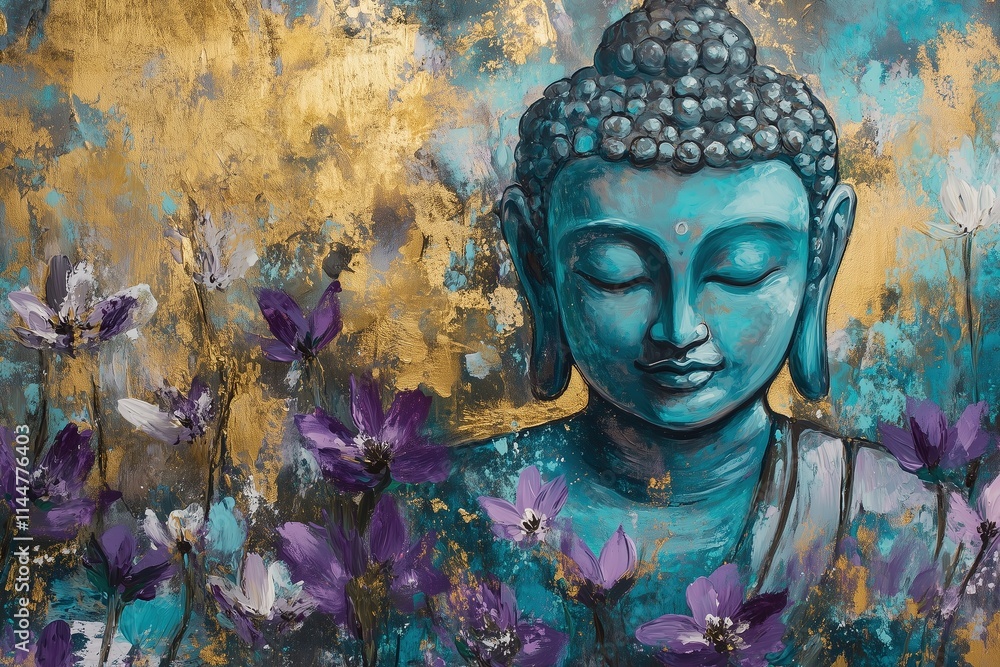 Serene Buddha Meditating Amid Glowing Abstract Flowers with Cosmic Colors and Delicate Brushstroke Details Serene Buddha Meditating Amid Glowing Abstract Flowers with Cosmic Colors and Delicate Brushstroke Details