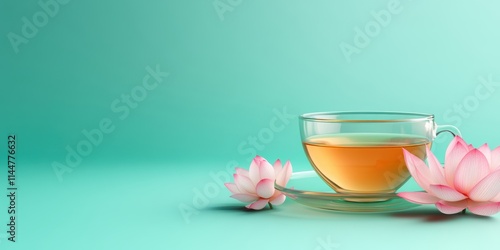 A glass cup of herbal tea with pink lotus flowers on a pastel green background, creating a serene and calming atmosphere. Perfect for wellness, relaxation, and mindfulness themes, AI photo