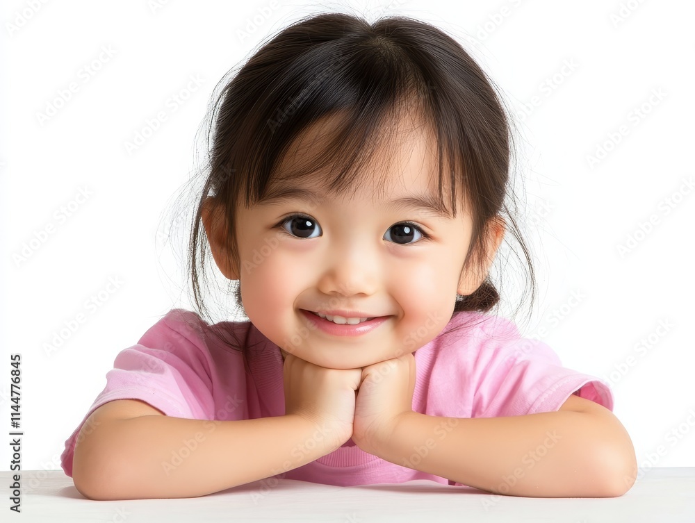 Radiant pink portrait, a little girl's playful smile and the joy of childhood innocence Radiant pink portrait, a little girl's playful smile and the joy of childhood innocence