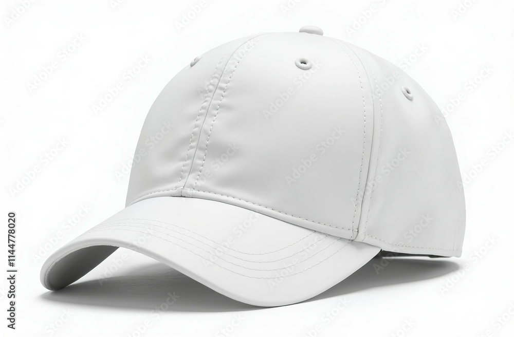 Fototapeta premium A plain white blank baseball cap with a blank front panel, isolated on white background ready for branding and adding text, logo, creative