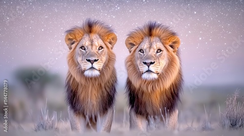 Two majestic male lions standing side-by-side, gazing directly at the camera against a twilight sky.
