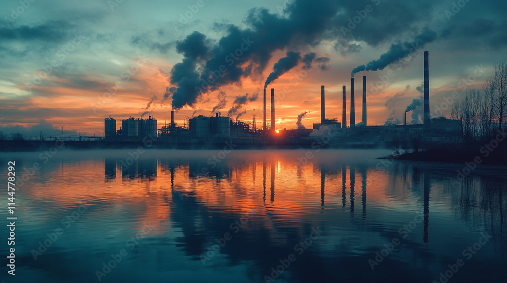 Smoky industrial landscape at sunset reflects in calm water under a vibrant sky Smoky industrial landscape at sunset reflects in calm water under a vibrant sky