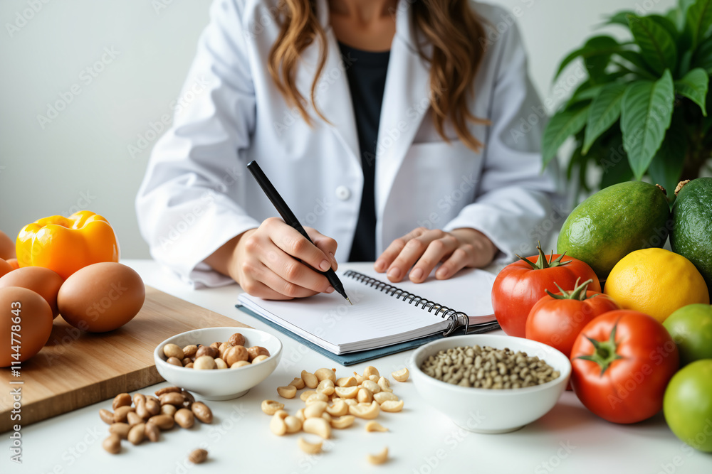 A person in a white lab coat is writing in a notebook, surrounded by various fruits, vegetables, nuts, and eggs on a table.