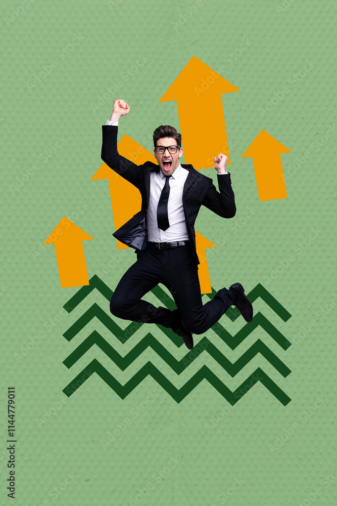 Fototapeta premium Poster sketch image artwork 3D photo collage of goal business target success young man businessman jump high worker hr arrow up business