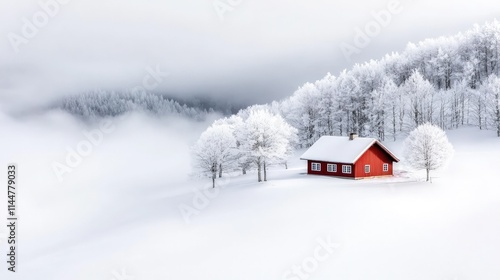 Wallpaper Mural Red cabin in snowy, foggy landscape. Torontodigital.ca