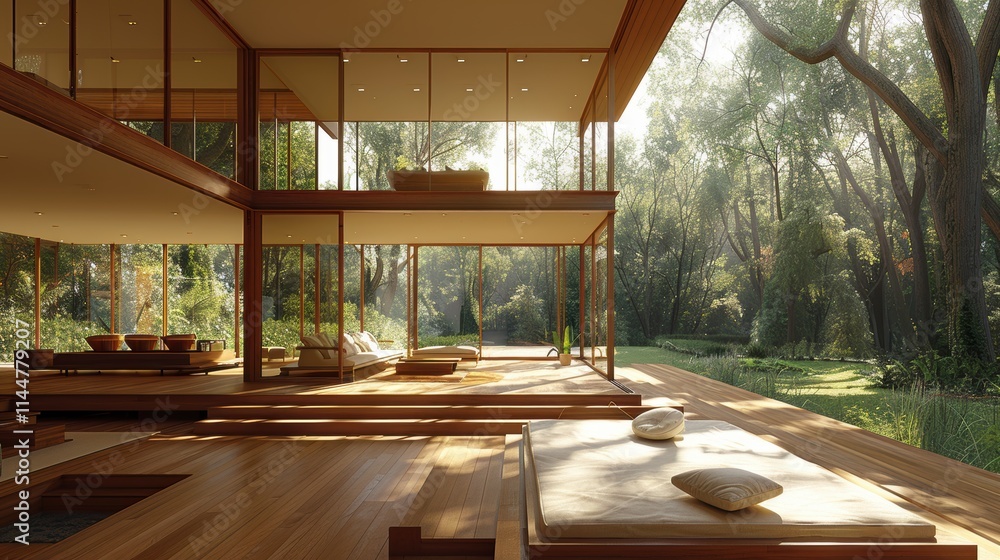 Spacious and Serene Modern Architecture in a Lush Forest Setting, Highlighting Open Spaces and Natural Light with Elegant Wooden Interiors Spacious and Serene Modern Architecture in a Lush Forest Setting, Highlighting Open Spaces and Natural Light with Elegant Wooden Interiors