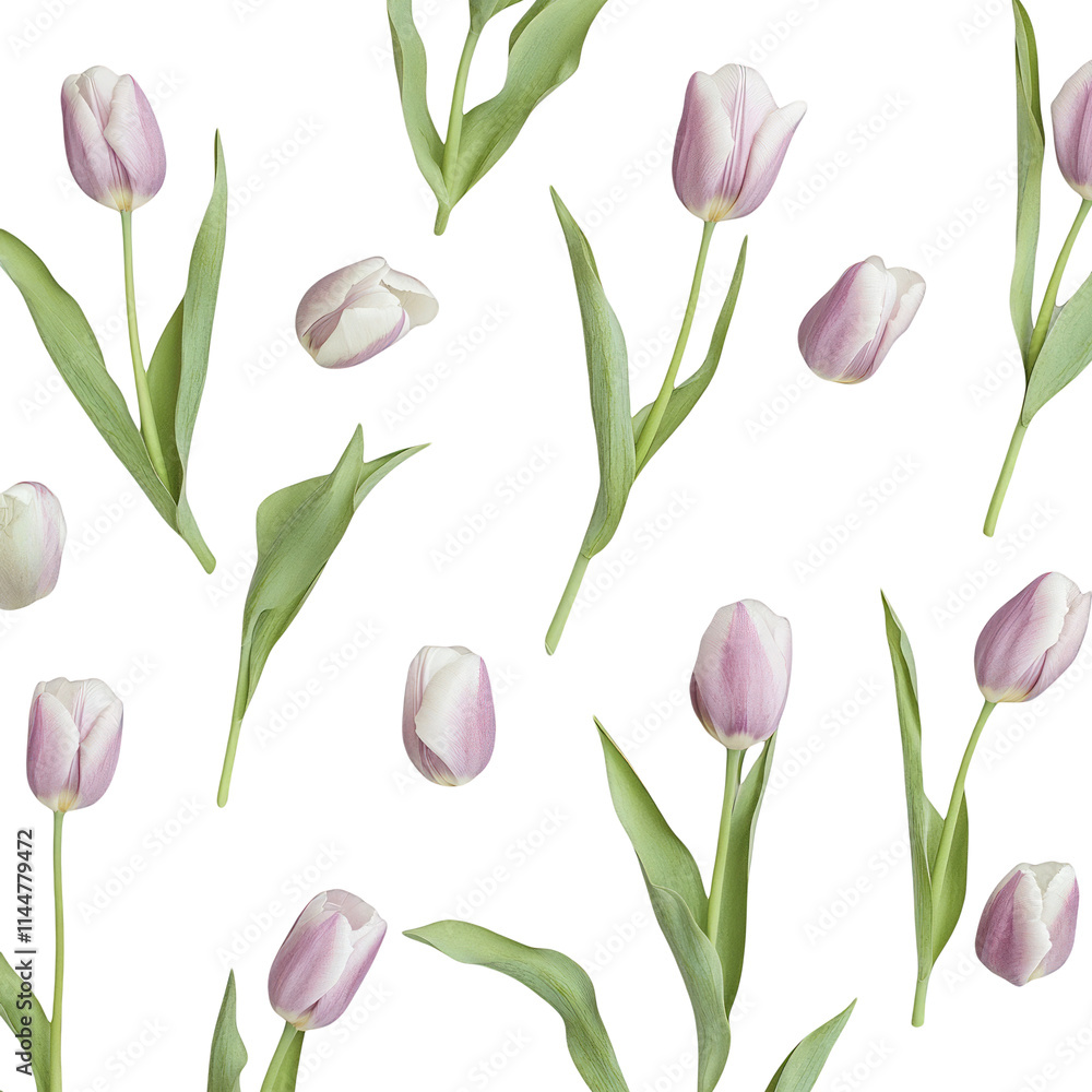 Obraz premium Seamless floral pattern with pink and white tulips isolated on white background spring flowers banner floral design elements for valentines day mothers day womens day wedding invitation cards posters