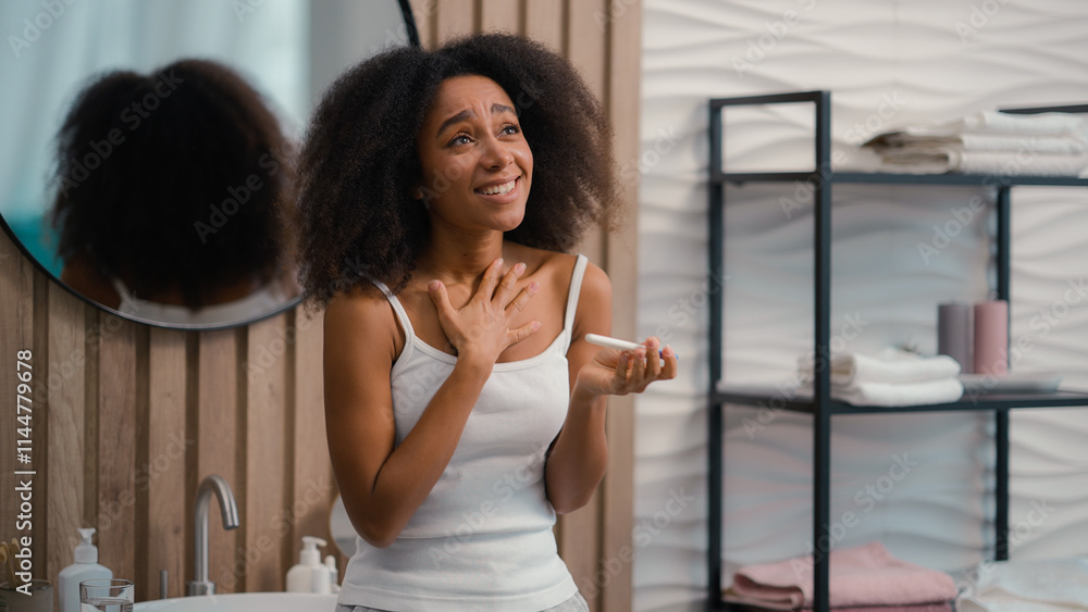 Happy excited African American girl with positive pregnancy test rejoice good medical insurance clinic artificial insemination pregnant future mom childbirth woman female successful fertility IVF Happy excited African American girl with positive pregnancy test rejoice good medical insurance clinic artificial insemination pregnant future mom childbirth woman female successful fertility IVF