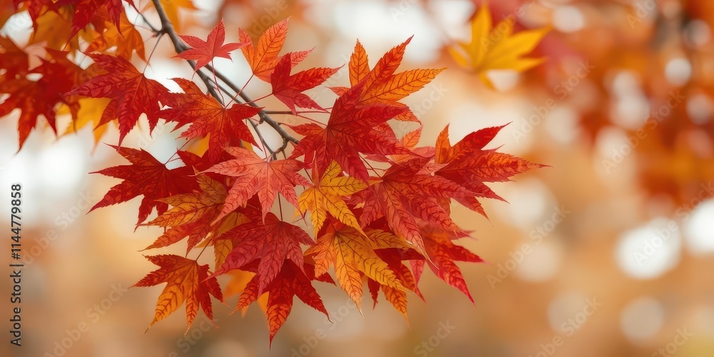 Vibrant red, orange, and yellow maple leaves cluster on a branch against a blurred background, autumnal,maple Vibrant red, orange, and yellow maple leaves cluster on a branch against a blurred background, autumnal,maple
