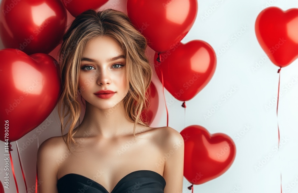 Beautiful young woman holding red heart-shaped balloons in elegant black dress Beautiful young woman holding red heart-shaped balloons in elegant black dress
