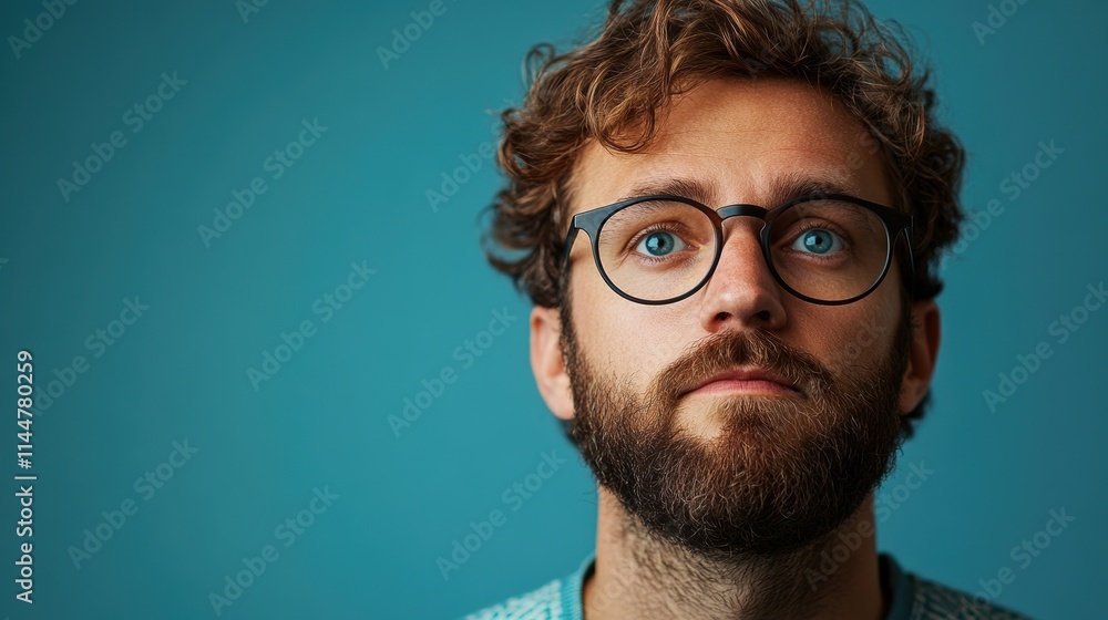 A thoughtful young man with curly hair and thick-rimmed glasses gazes upwards against a solid blue background, exuding a sense of contemplation and curiosity A thoughtful young man with curly hair and thick-rimmed glasses gazes upwards against a solid blue background, exuding a sense of contemplation and curiosity