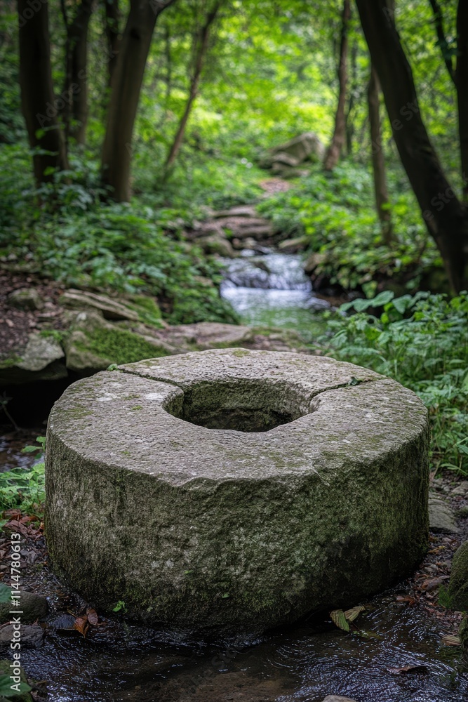 Ancient Stone Mill Wheel in Lush Green Forest Stream Surrounded by Verdant Foliage and Dappled Sunlight Creating a Serene Natural Environment Ancient Stone Mill Wheel in Lush Green Forest Stream Surrounded by Verdant Foliage and Dappled Sunlight Creating a Serene Natural Environment