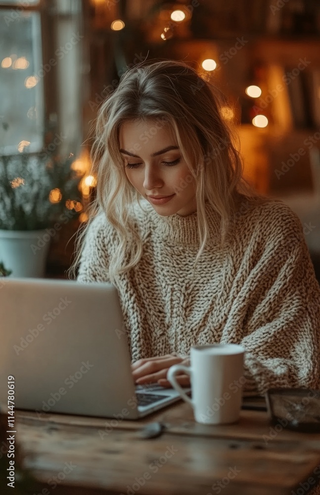 Attractive young woman working on laptop with coffee cup in cozy evening setting Attractive young woman working on laptop with coffee cup in cozy evening setting