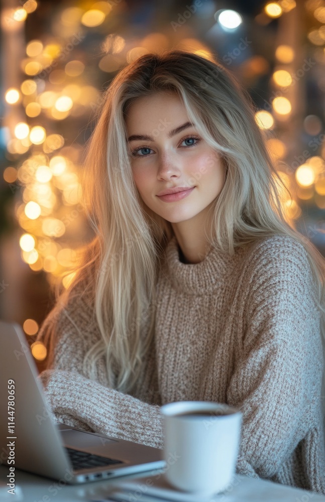 Attractive young woman working on laptop with coffee cup in cozy evening setting Attractive young woman working on laptop with coffee cup in cozy evening setting