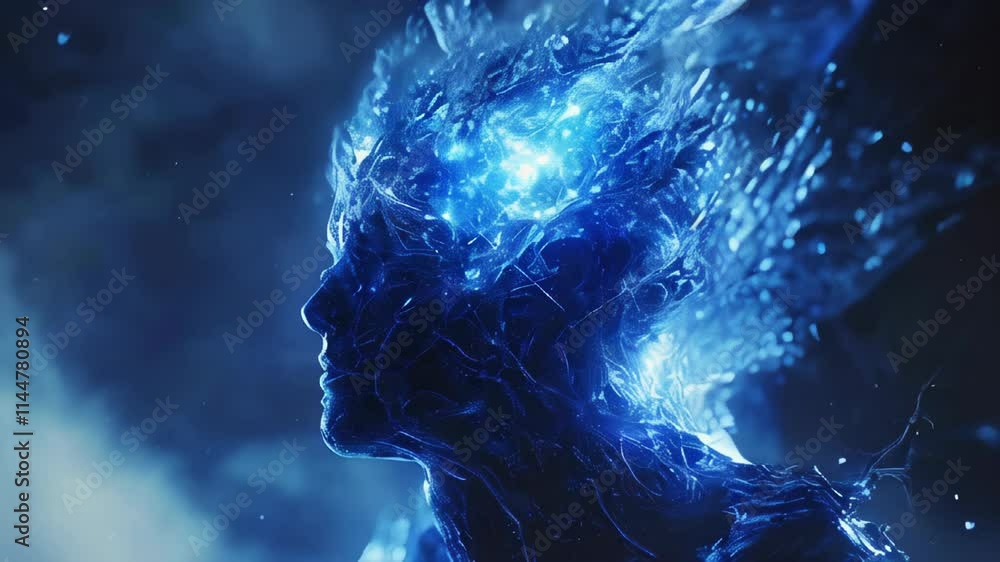 Innovative Digital Art Displays a Striking Figure Made of Glowing Blue Energy in a Dark Environment Innovative Digital Art Displays a Striking Figure Made of Glowing Blue Energy in a Dark Environment