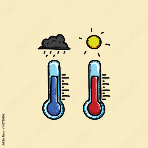 Colorful vector artwork featuring two thermometers indicating hot and cold temperatures, symbolizing weather variations with a sunny day and rainy cloud. Ideal illustration for weather-related concept