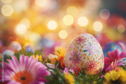 A beautifully decorated Easter egg surrounded by vibrant, colorful flowers, captured in soft, warm lighting to evoke a cheerful spring atmosphere with delicate details and a cozy, festive vibe