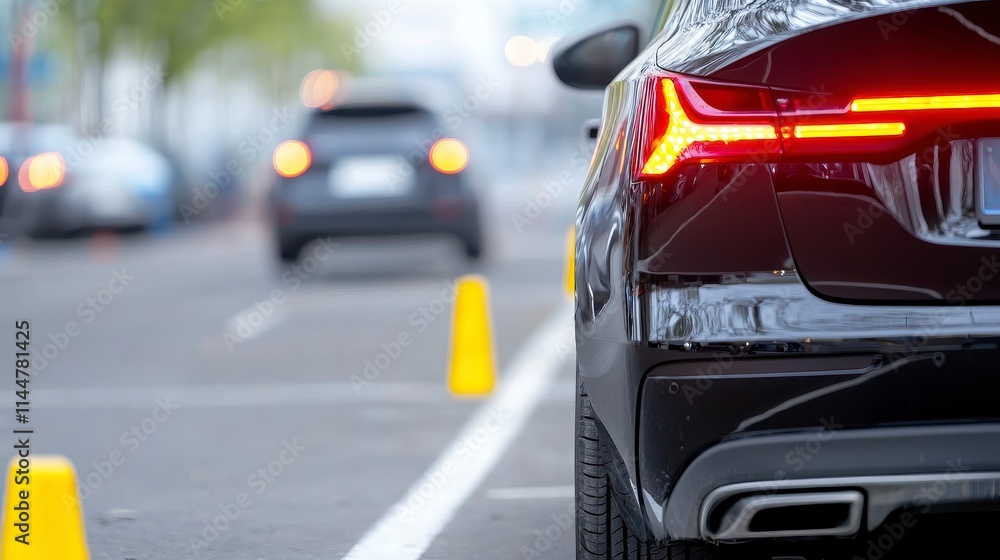 Car maneuvering in urban environment traffic scene focused perspective on vehicle modern city dynamic viewpoint Car maneuvering in urban environment traffic scene focused perspective on vehicle modern city dynamic viewpoint