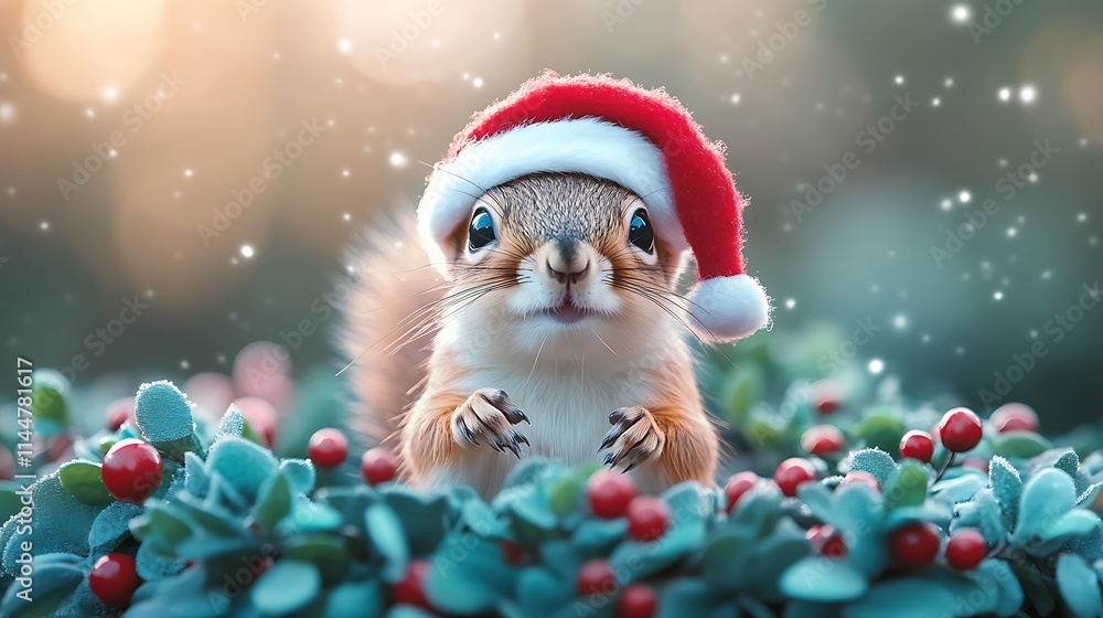 A cheerful squirrel with a Santa hat sitting in a holiday wreath A cheerful squirrel with a Santa hat sitting in a holiday wreath