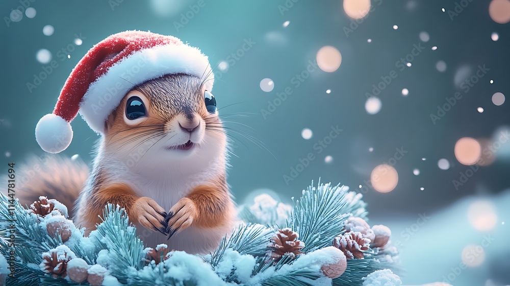 Obraz premium A cheerful squirrel with a Santa hat sitting in a holiday wreath